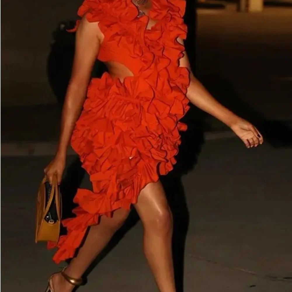 Elegant Ruffle Statement Mini Dress – Off-Shoulder Layered Halter Cocktail Dress - Picture 2 of 13